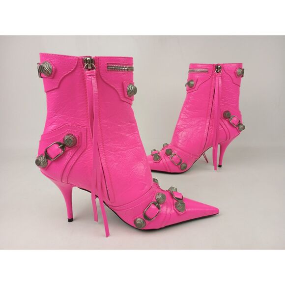 Balenciaga Women's Fluo Pink Cagole Leather Pointed Toe Ankle Boots Size 37 EU - Picture 3 of 8